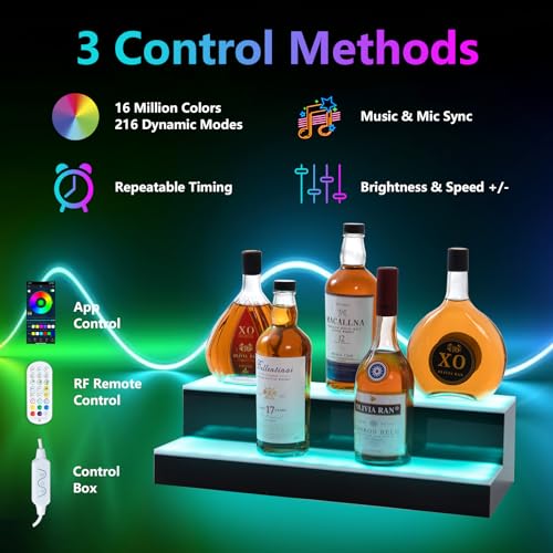 Led Lighted Liquor Bottle Display Shelf, 20 Inch 2 Tier Whiskey Rack, Support USB, Bar Stand with RF Remote & App Control, Illuminated Acrylic Lighting Shelves for Home Bar, Party - size: 20" 2 step