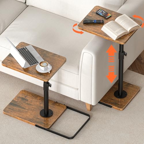Tv Trays Set of 2 for Couch - 360°Swivel Height Adjustable, Larger Metal and Wooden Base to Prevent Slipping，TV Tray C Shaped End Table Food Snack Trays for Eating Sofa Bed Bathroom - color: Brown, size: Standard 2 Pack