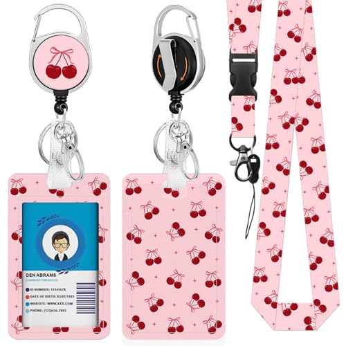 Cherry Badge Holder with Lanyard, Beautiful Bow ID Badge Holder with Retractable Reel Clip and Keychain for Bow Lover, Vertical Identity Card Cover Case Protector for Women Nurse Teacher - color: Cherry-pink