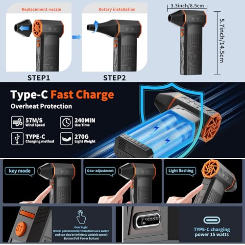Electric Air Duster-150000RPM Super Power Cordless Air Duster, Rechargeable Brushless Motor Durable Blower, 3-Gear Adjustable Dust Blower for Computer, Keyboard, Outdoor, House and Car