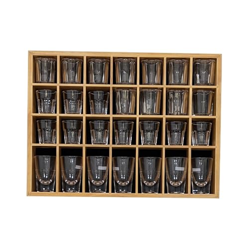 Shot Glass Display Case, Stylish Natural Varnished Glass Display Case for Display, 28 Slots Freestanding & Wall Mountable Shot Glass Holder, Perfect for Collectors - (with 1 Row for Tall Shooters) - color: Natural