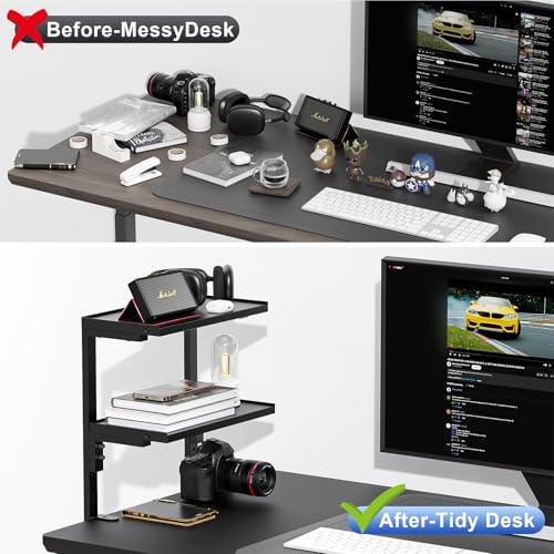 2-Tier Desk Shelf, Black | Desk Organization Expandable Clamp on Desk Shelf Desktop Accessories for Offices and Game Rooms - color: Black