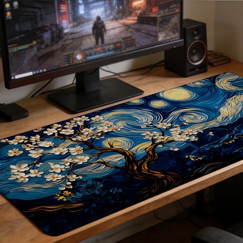 Starry Night Over A Blossom Tree Gaming Mouse Pad Large Desk Mat Extended Keyboard Anime Mousepad with Non-Slip Base and Stitched Edge for Desk Home Office Gaming,31.5 x 11.8 Inch - color: Starry Night over A Blossom Tree, size: 11.8*31.5inch