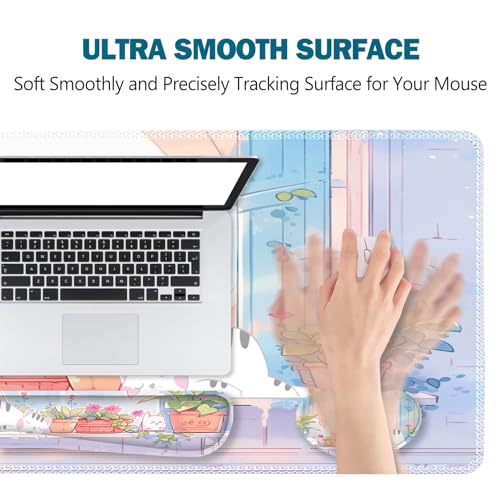 ToLuLu Extended Gaming Mouse Pad, Memory Foam Ergonomic Keyboard Mouse Wrist Rest Support Set, Large Desk Mat with Stitched Edges, Non-Slip Base Mousepad for Home Office and Game, Purple Cute Cat - color: Purple Cute Cat