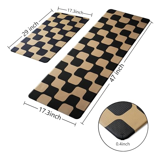 Black Brown Retro Curvy Checkered Grid Checkerboard Kitchen Rug Sets [2 PCs], Anti-Fatigue, Waterproof Non-Slip Kitchen Mats Heavy Duty Comfort Foam Rug for Floor, Home, Laundry,17"x29"+17"x47" - color: Milkgrid-black & Brown, size: 17.3"x29"+17.3"x47"-0.