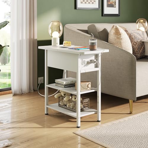 WLIVE End Table with Charging Station, Flip Top Side Table with Storage Shelf, Sofa Couch Table with USB Ports and Outlets, Narrow Bedside Table for Living Room, Bedroom ,11.81"D x 23.62"W x 24.33"H - color: White