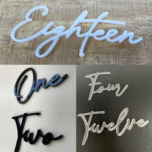 Cursive Wedding Table Number SET, DIY thin modern Black or White acrylic cutouts with silicone glue included. Words only, no backing (One - Twenty Five, Matte Black) - color: Matte Black, size: One - Twenty Five