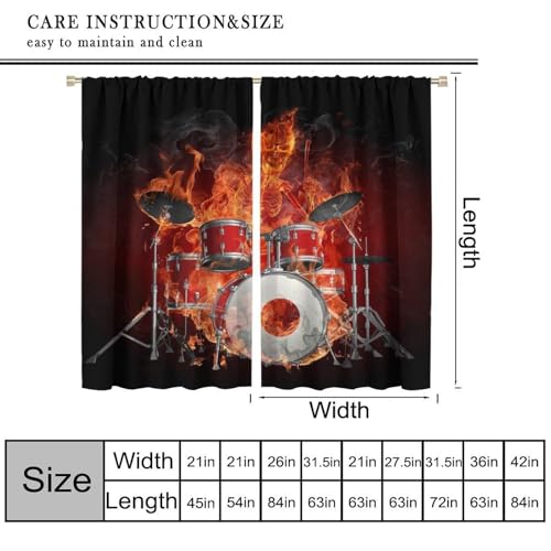 Music Curtain, Skeleton Flame Drums Hell of A Drummer Rock Music Theme Window Treatments Drapes for Boys Girls Teens Bedroom Living Room 42" W X 45" L(No Blackout) - color: Musical-3, size: 20.5"W x 45"L (Pack of 2)