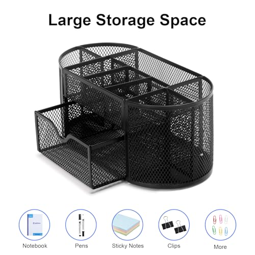 Comix Mesh Pen Pencil Holder Desk Organizer, 8 Compartment and 1 Drawer Wire Desktop Pen Pencil Cup Caddy Office Supplies Accessories for Home Office School, Black - color: 8 Compartments