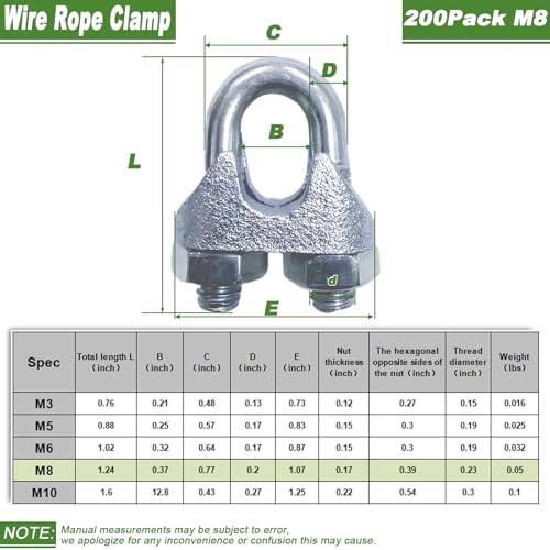 200PCS 5/16" M8 Zinc-Plated Wire Rope Clamps – Heavy Duty U-Bolt Cable Clips (Silver) - size: M8-200PCS