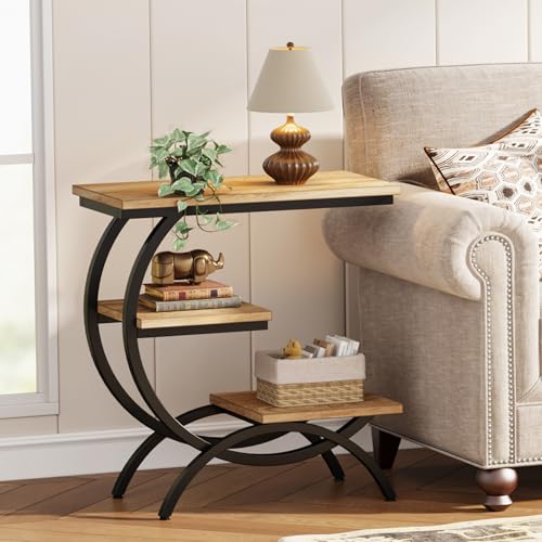 Tribesigns C-Shaped End Table, 3-Tier Industrial Sofa Side Table with Curved Metal Frame for Living Room, Bedroom, Couch, Small Space, Light Brown - color: Light Brown