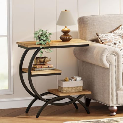 Tribesigns C-Shaped End Table, 3-Tier Industrial Sofa Side Table with Curved Metal Frame for Living Room, Bedroom, Couch, Small Space, Light Brown - color: Light Brown