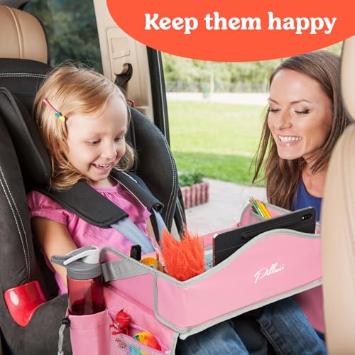 PILLANI Kids Travel Tray for Car - Car Seat Tray for Kids Travel, Road Trip Essentials, Carseat Table for Roadtrip Activities - Must Haves Toddler Lap Desk Organizer for Airplane - Car Accessories - color: Pink