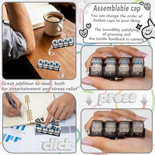 2 PCS 4-in-1 Keyboard Fidget Toy Keychain, Finger Clicky Button Toy Stress Relief Keychain with Swappable Keycaps, Mini Mechanical Key Fidget for Office Desk Focus Gifts (Transparent Black) - color: Transparent Black