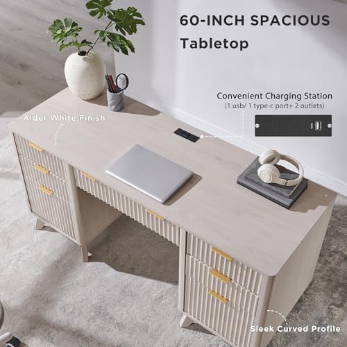 T4TREAM Modern Fluted Executive Desk with Drawers, 60" Home Office Computer Desk with Charging Station & Keyboard Tray, Alder White - color: Alder White
