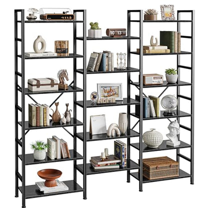 SUPERJARE Triple Bookshelf, Bookcase with 17 Open Display Shelves, Wide Book Shelf Book Case for Home & Office, 6 Tier, Black, ABC003B - color: Black, size: 6 Tier