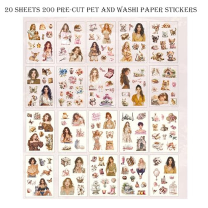 Scrapbooking Stickers 20 Sheets Pre-Cut 200 washi Stickers PET People Sticker Books for journaling Scrapbook Supplies Transparent Journal Sticker - color: Red