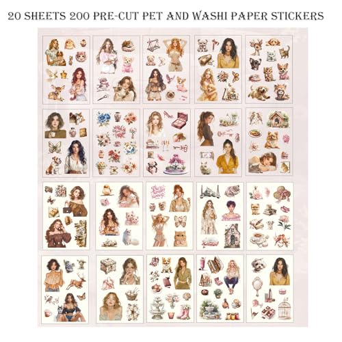 Scrapbooking Stickers 20 Sheets Pre-Cut 200 washi Stickers PET People Sticker Books for journaling Scrapbook Supplies Transparent Journal Sticker - color: Red