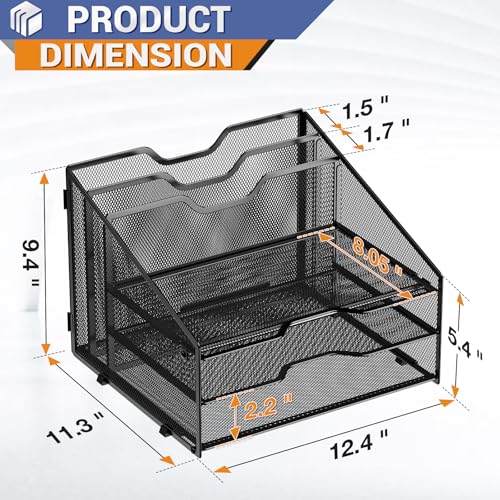GAWERK Letter Tray Organizer, Mesh Desk File Organizer with 3 Paper Trays and 2 Vertical Upright Section, Blank - color: Black