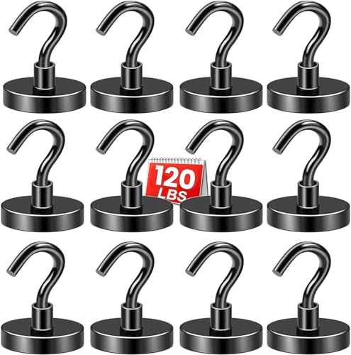 DIYMAG Black Magnetic Hooks, 120 LB Heavy Duty Strong Magnets with Hook, Rare Earth Neodymium Magnet for Cruise Cabins Ship Essentials 12 Packs - color: Black, size: 1.26in