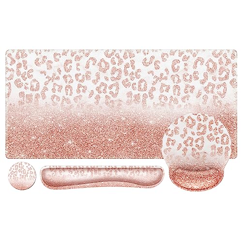 iLeadon Mouse Pad Set, Desk Mat + Mouse Pad with Wrist Rest + Keyboard Wrist Rest + Coaster, 4in1 Glitter Leopard Mouse and Keyboard Pad Set for Home Office, Pink Rose Gold Leopard - color: Pink Rose