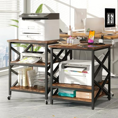 METYERRY Large Printer Stand with Power Outlet, with Height Adjustable Storage Shelf, 3 Tier Rolling Printer Cart with Industrial Wheels, 23.6 x 23.6 Inches Printer Table for Home Office, Rustic Brown - color: Rustic Brown