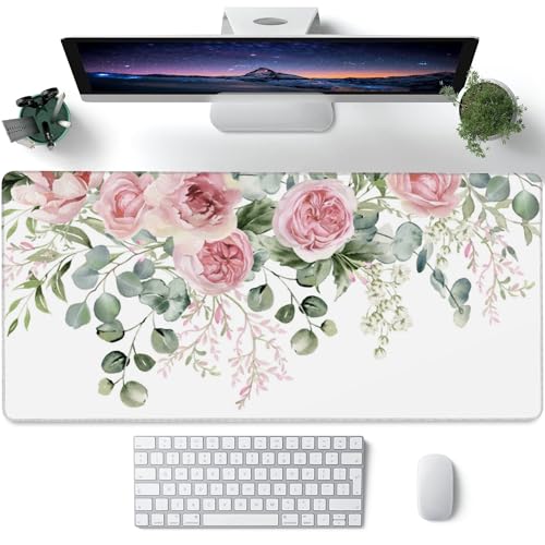 Desk Mat,Peony Flowers and Eucalyptus Leaves Large Gaming Mouse Pad for Desk XXL,Pink Floral Desk Pad,Extended Big Computer Keyboard Mouse Pad with Non-Slip Base Stitched Edges 35.4"x15.7" - color: Peony Flowers and Eucalyptus Leaves, size: XXL-35.4"x15.7