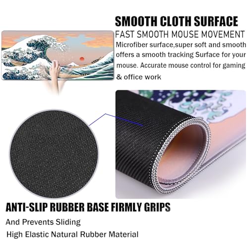 Japanese Large Mouse Pad, DeskMat Office Desk Pad, Extended Large MouseMat for PC, Stitched Edges Gamer Mousepad 31.5 X 15.7 Inch Long Mice Pad, Sunset Sea - color: Sunset Sea, size: 31.5" x 15.7"