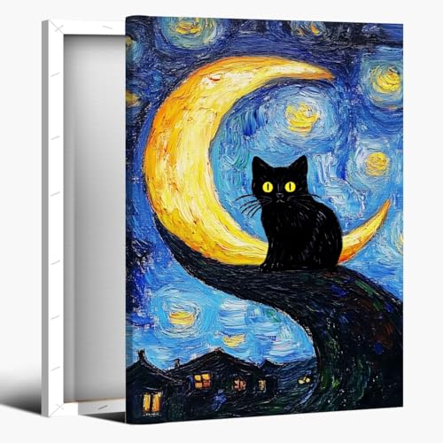 Funny Black Cat Wall Art Trendy Tree and Moon Oil Paintings Animal Poster Abstract Cat Floral Prints Posters Wall Decor Aesthetic for Farmhouse Gallery Bedroom 8x12inch Framed - color: Antique cat - Wooden Framed, size: 8"L x 12"W