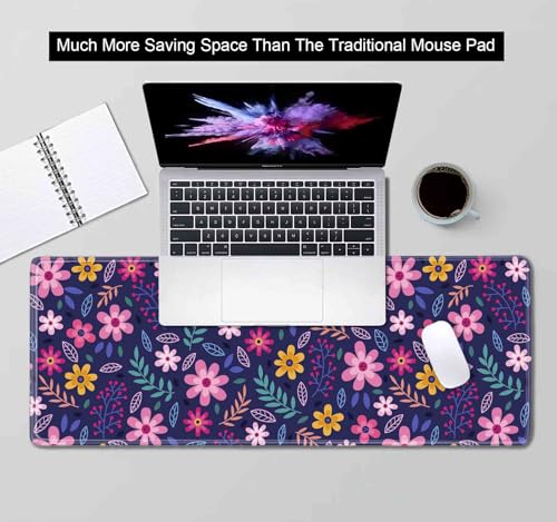 Purple Pink Flowers Desk Mat, Daisy Floral Extended Large Gaming Mouse Pad, Non Slip Rubber Base Stitched Edge Desktop Desk Pad for Computer, Christmas and Thanksgiving Gifts, 31.5 x 11.8 in - color: Pink Flowers on Blue