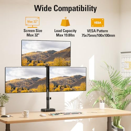 Triple Monitor Mount up to 32" Computer Screen, up to 19.8lbs Each, Adjustable 3 Monitor Stand with Clamp & Grommet Kit, Gas Spring Arm with Tilt Swivel Rotate, VESA Mount 75x75/100x100mm - size: Triple Monitor Mount