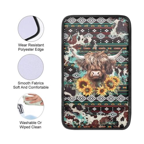 Wanyint Aztec Highland Cow Sunflower Auto Center Console Armrest Pad Theme Seat Box Cover Universal Fit Car Armrest Cover Cushion Mat for Sedan, Van, SUV - color: Aztec Highland Cow Sunflower