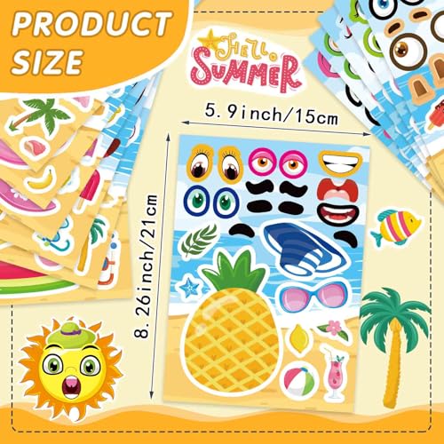 24 Sheets Summer Stickers for Kids, Make a Face Sticker Hawaii Tropical Pool Beach Stickers, Make Your Own Watermelon Pineapple Flamingo Sticker for Tropical Luau Party, Summer Holiday Party Favors - style: Summer