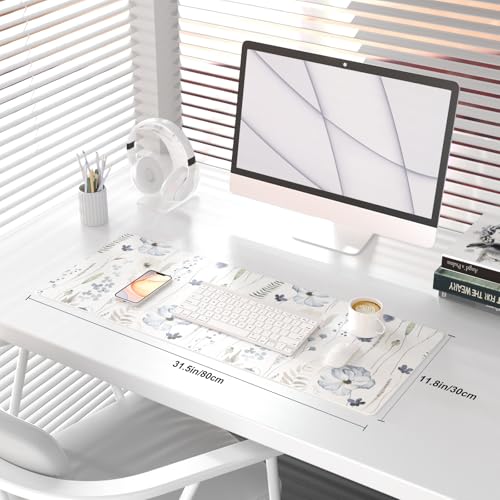 QiyI Large Mouse Pad for Desk, Floral Desk Mat for Desktop, Women Girls Office Décor Desk Accessories, PU Leather Waterproof Gaming Mousepad, Watercolor Flowers Desk Pad Computer Mat, 31.5" x 11.8" - color: Blue Poppies, size: 31.5" x 11.8"