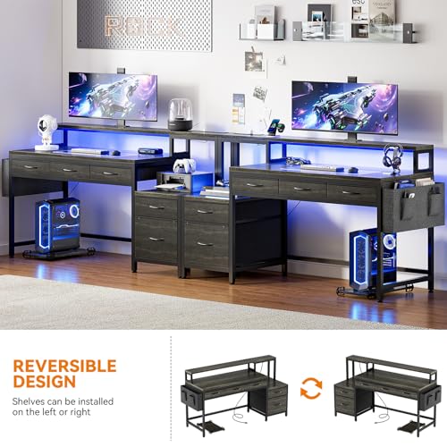 REAHOME 61 Inch Gaming Desk with Charging Station and LED Lights, Reversible Computer Desk with Storage Drawer and Monitor Stand, Modern Desk Table with File Cabinet & Side Pocket, Grey Oak - color: Grey Oak