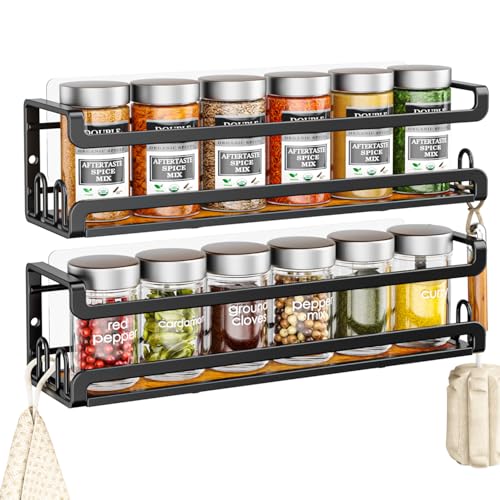 Doakhirmit Wall Mounted Spice Rack with 16 Hooks, Rustic Wood Spice Organizer Shelf for Stove Cabinet Pantry Door,Screw or Adhesive Hanging Spice Shelf,Wall Spice Rack in Kitchen and RV,2 Pack - size: 2 Pack