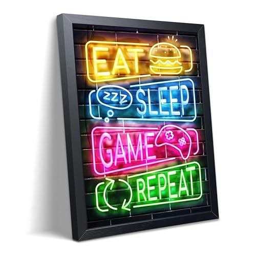 Eat Sleep Game Repeat Neon Wall Art, Framed Canvas Print Painting, Colorful Gamer LED Style Poster with Controller Burger Design, Cool Gaming Room Wall Decor for Boys Teens Bedroom Playroom 8x10 Inch - color: H-Color Game, size: 10"L x 8"W