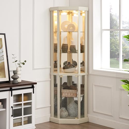 70" Lighted Corner Curio Cabinet,Inside Mirror Corner Glass Display Case with Tempered Glass Door for Living Room, Antique Collectibles, Wine & Bar Glass Storage, Lights Included - color: White, size: Style-B