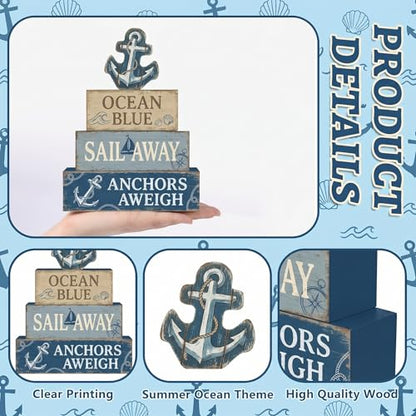 4 Pcs Nautical Anchor Bathroom Decor Summer Coastal Farmhouse Table Wooden Signs Sailing Tiered Tray Decor Ocean Table Decor Navy Blue Shelf Sitter Tabletop Home Decorations Gifts - style: Anchor