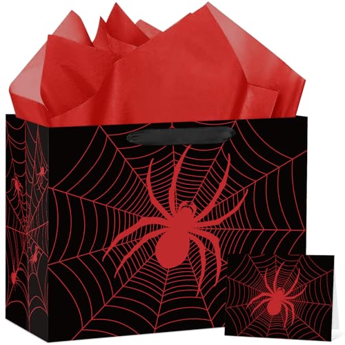 Hooqict Spider Gift Bag Birthday Gift Wrapping Bag with Handles, Tissue Paper, Greeting Card for Kids Boys Men Spider Web Birthday Party Favors Goodie Candy Treat Box - color: Black Spider