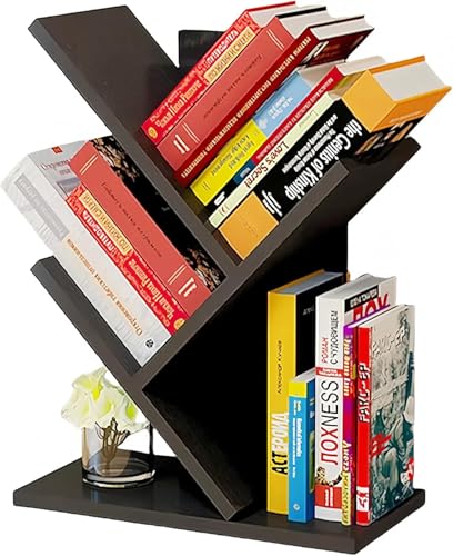 Godferyxin Tree Bookshelf, 3-Tier Wood Small Bookshelf and Mini Bookcase for Office, Home or School Desk Book Shelf for for Displaying Books, CDs, Magazines Wood Storage Rack - color: 3-tier-black Coffee