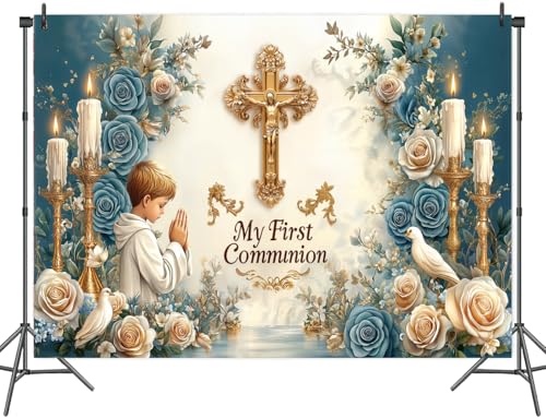 8X6FT God Bless Backdrop First Holy Communion Party Decoration God Bless Baptism Photo Booth Props Christening Banner for Newborn Baby Shower Party Decor Background - color: Blue, size: 8X6FT