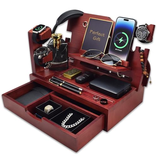 Nightstand Organizer for Men with Large Drawer, Wood Phone Docking Station for Phone, Apple Watch, Wallet & Keys, Ideal Birthday Gift for Father Husband, Bedside Desk Organizer (Mahogany) - color: Mahogany