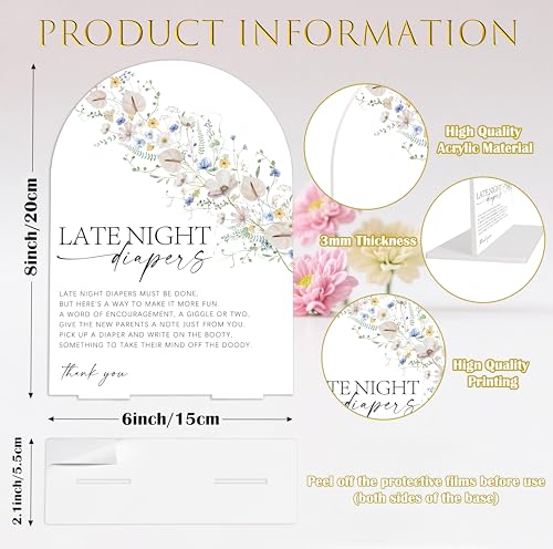 Late Night Diapers Sign Baby Shower Acrylic Sign, Wild Flower Baby Shower Decorations, 6x8" Boho Floral Table Game Signs with Stand, Gender Neutral Gender Reveal Party Favors - color: Late Night Diapers