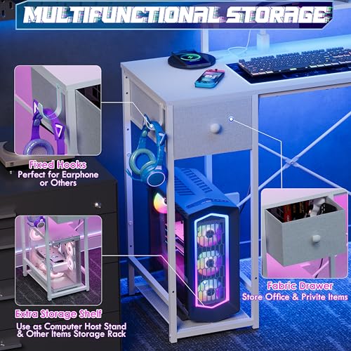 X-cosrack 33.5" Small Computer Desk with Monitor Stand & Outlets, Small Gaming Desk with LED Light & CPU Stand, Teen Study Writing Table with Storage Drawer, Side Hooks for Bedroom, Home Office White - size: 33.5" White with Normal Monitor Stand