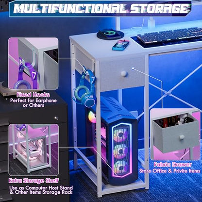 X-cosrack 33.5" Small Computer Desk with Monitor Stand & Outlets, Small Gaming Desk with LED Light & CPU Stand, Teen Study Writing Table with Storage Drawer, Side Hooks for Bedroom, Home Office White - size: 33.5" White with Normal Monitor Stand