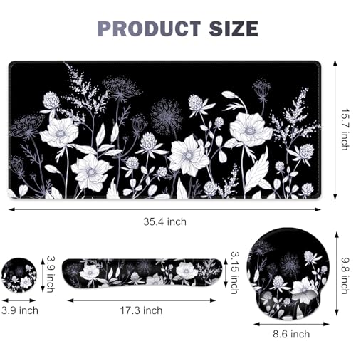 Gaming Mouse Pad, Large Desk Mat, Cute Desk Pad Protector, 4in1 XXL Mousepad + Keyboard Wrist Rest+Mouse Wrist Rest+Coaster Set with Ergonomic Desk Pad for Home Office PC Computer, Black White Flowers - color: Black White Flowers