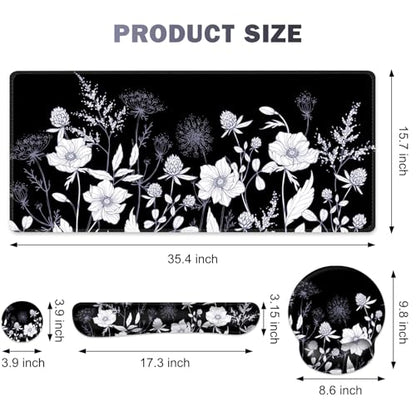 Gaming Mouse Pad, Large Desk Mat, Cute Desk Pad Protector, 4in1 XXL Mousepad + Keyboard Wrist Rest+Mouse Wrist Rest+Coaster Set with Ergonomic Desk Pad for Home Office PC Computer, Black White Flowers - color: Black White Flowers