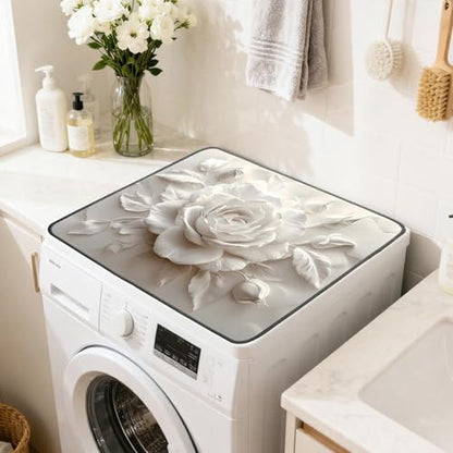 Nuxovilar White Rose Dryer Cover for the Top, Non-slip Washer & Dryer Protector, 23.62"x19.68" Dust-proof Washing Machine Mat, Diatom Mud Polyester Dryer Top Pad for Laundry Room - color: YLU00525