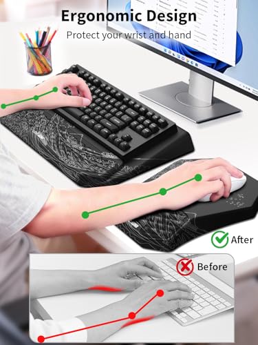 3-in-1 Ergonomic Keyboard Stand with Wrist Rest & Mouse Pad Set, Comfy Keyboard Riser Holder Soft Mousepad with Massage Design, Memory Foam and Non-Slip PU Base for Pain Relief, Black Wave of Kanagawa - color: Black Wave